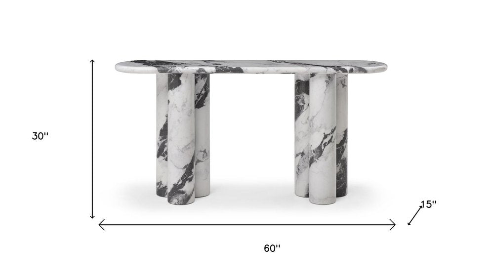 60" White Marble and Stone Double Pedestal Console Table