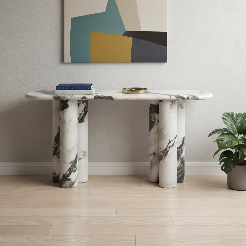 60" White Marble and Stone Double Pedestal Console Table
