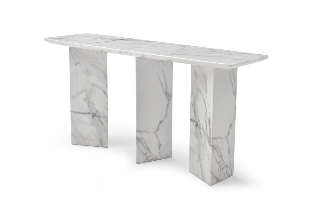 60" Gray and White Marble Three Leg Console Table