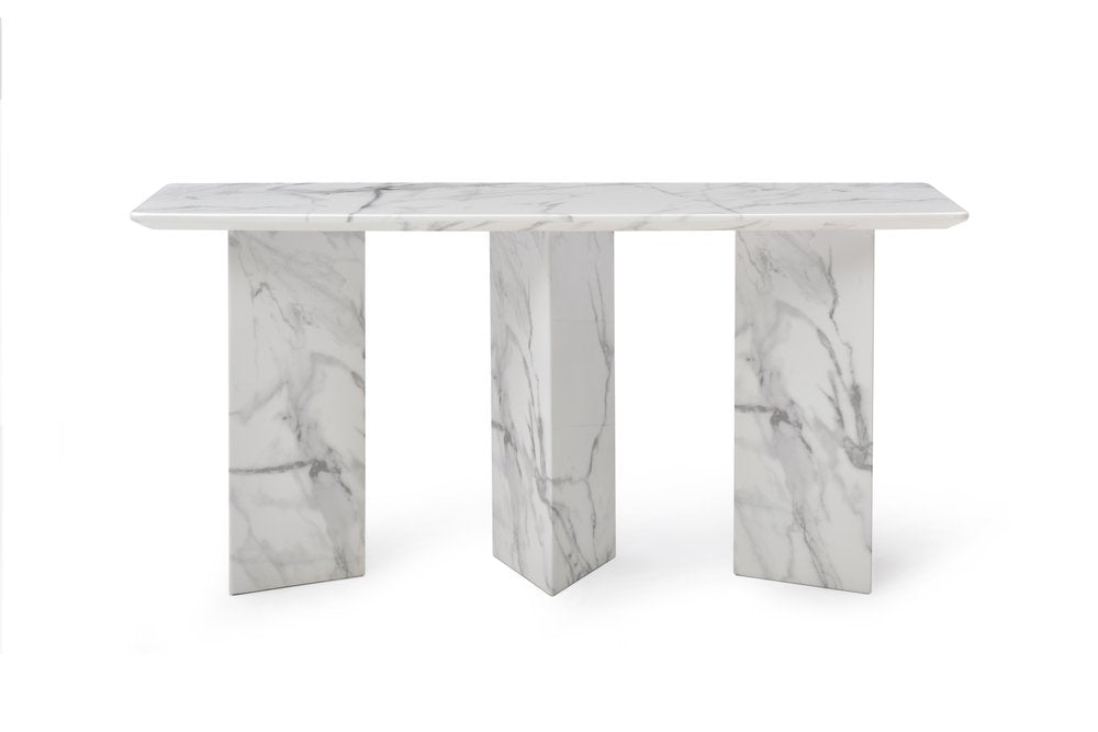 60" White Marble and Stone Three Leg Console Table