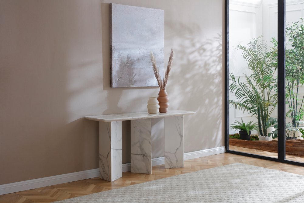 60" White Marble and Stone Three Leg Console Table