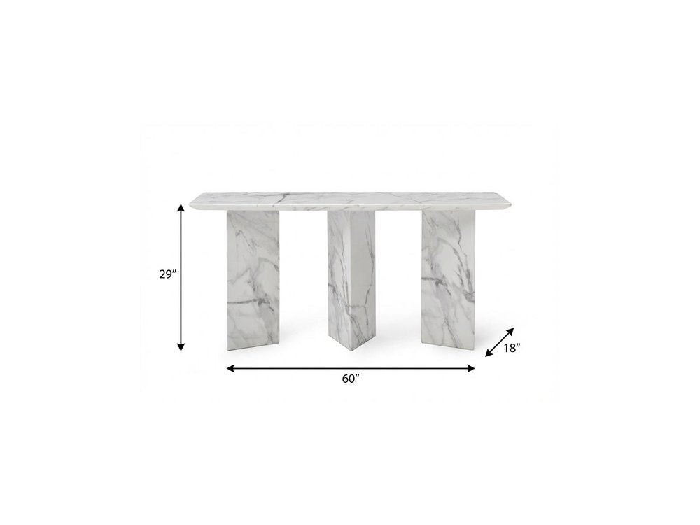 60" Gray and White Marble Three Leg Console Table