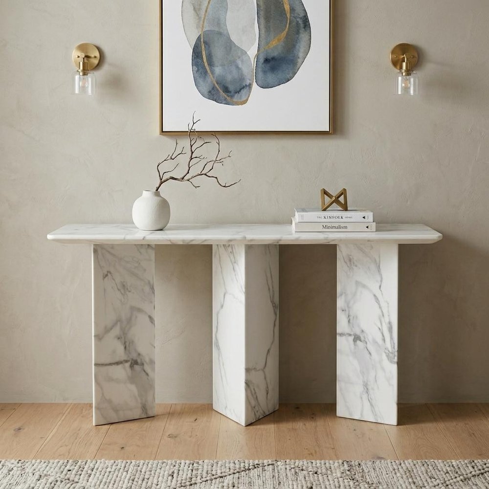 60" Gray and White Marble Three Leg Console Table