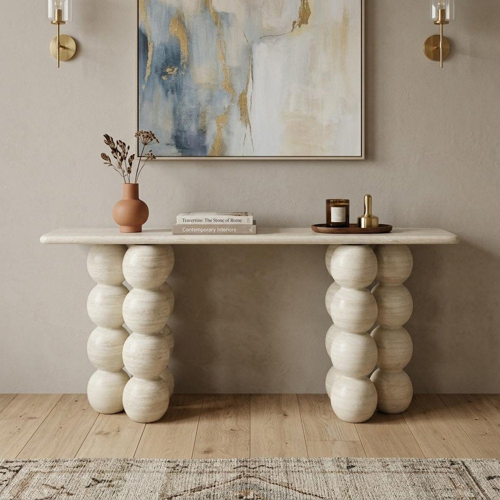75" Beige Marble Bubble Pedestal Console Table
