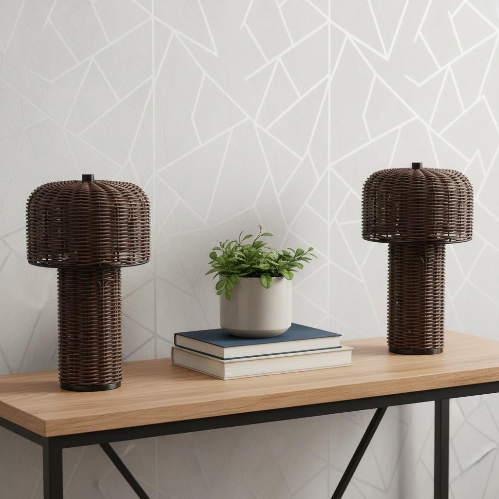 Set of Two 10" Brown Mushroom Table Lamp with USB Port