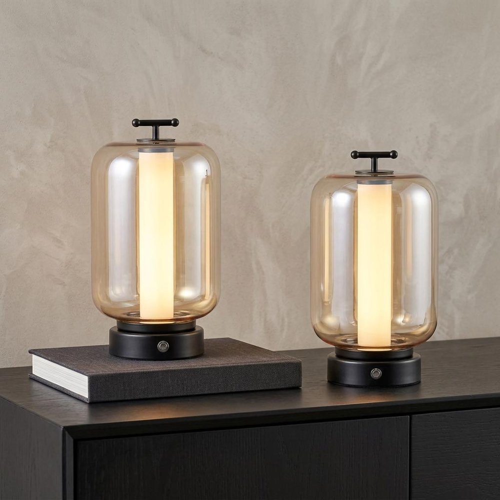 Set of Two 11" Black Industrial USB Table Lanterns