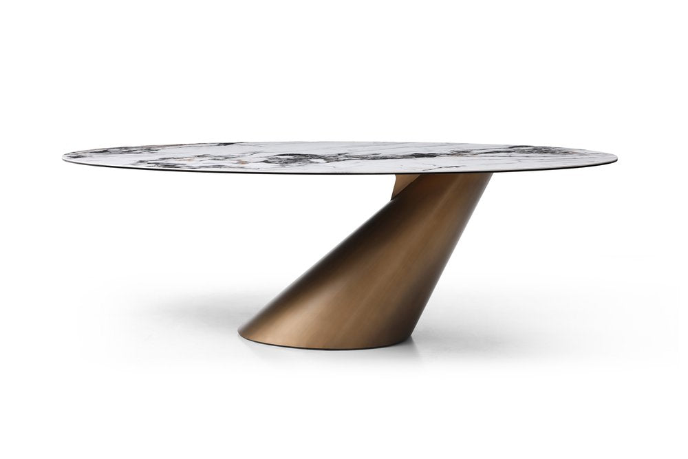 94" White, Gray, and Bronze Leaning Pedestal Dining Table