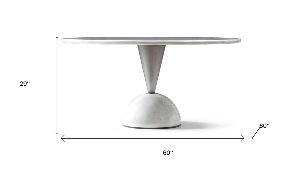 60" White and Silver Marble and Steel Pedestal Dining Table