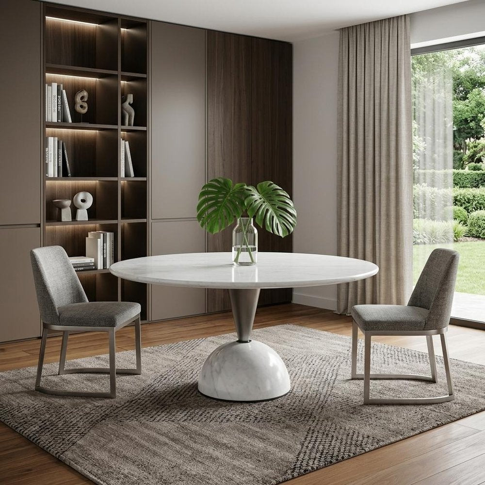 60" White Marble and Steel Round Pedestal Dining Table