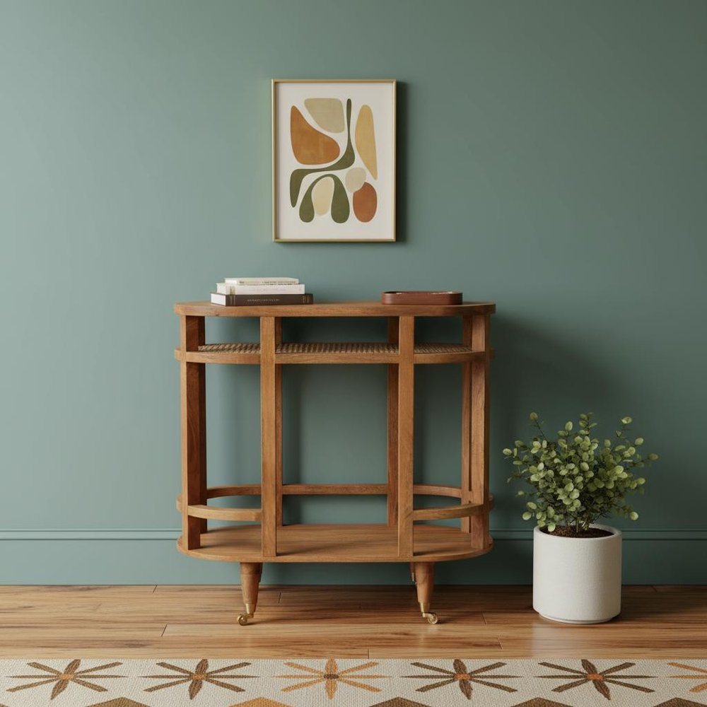 35" Brown Mid-Century Console Table with Wheels