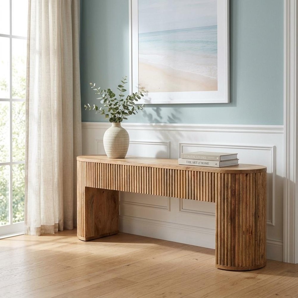 49" Oval Oak Wood Fluted Console Table