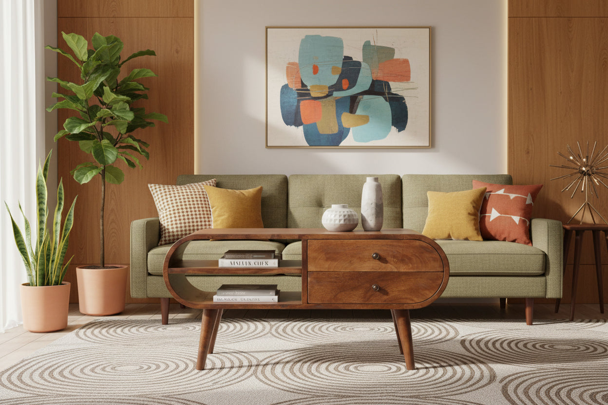 35" Brown Oval Mid-Mid-Century Coffee Table with Drawers