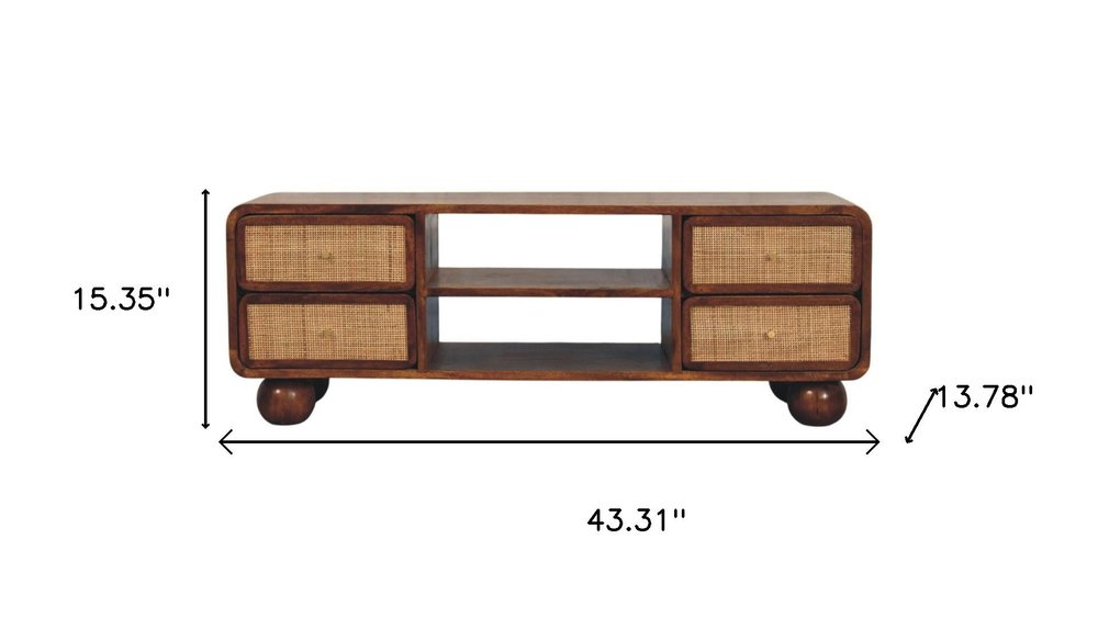 43" Brown Wood and Rattan Ball Leg Entertainment Console