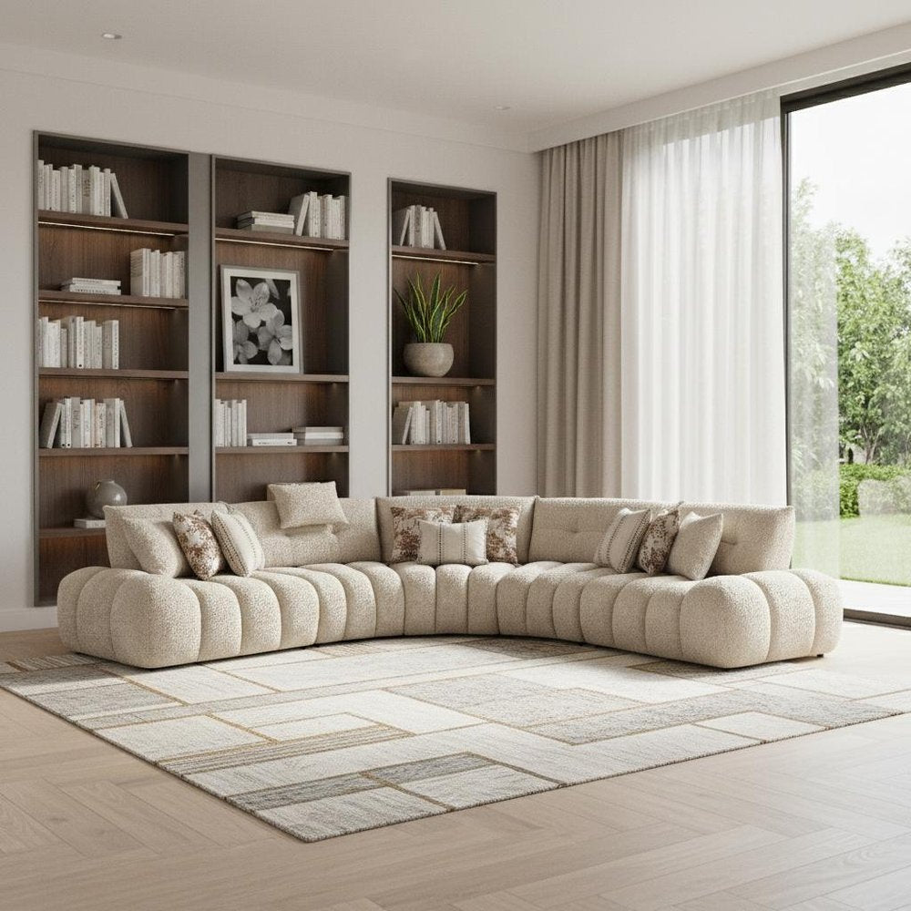 124" Taupe Bouclé Tufted Curved Sectional Sofa
