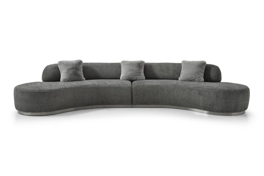 150" Dark Gray Bouclé Curved Perla Sofa with Pillows