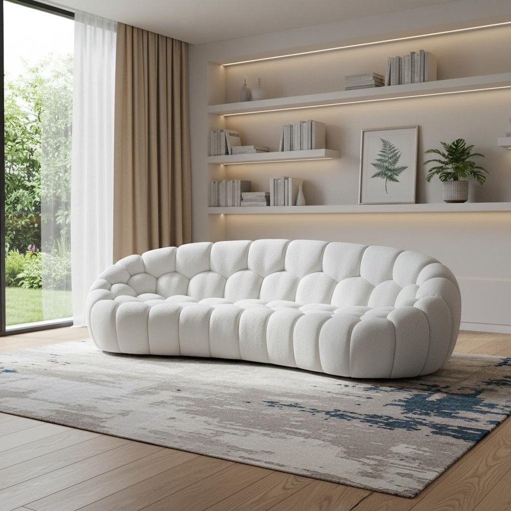 105" White Tufted Bouclé Curved Bubble Sofa