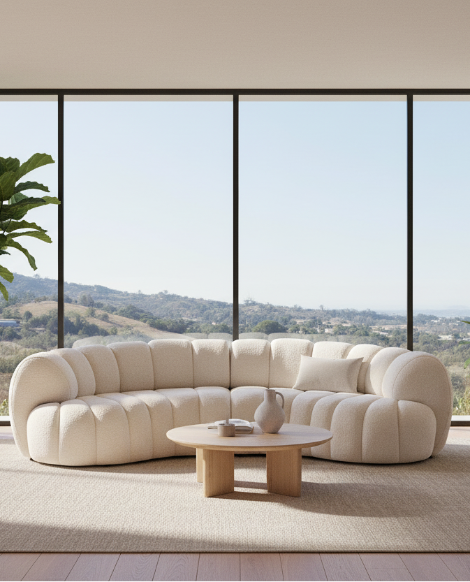 118" White Chenille Curved Tufted Sectional