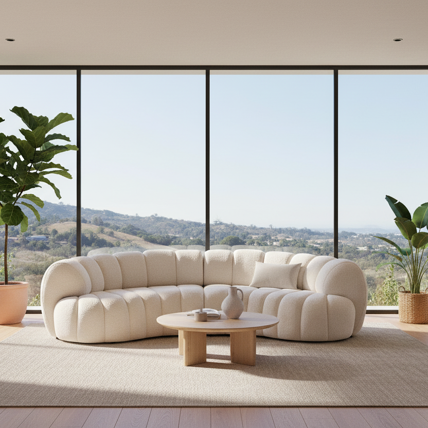 118" White Chenille Curved Tufted Sectional