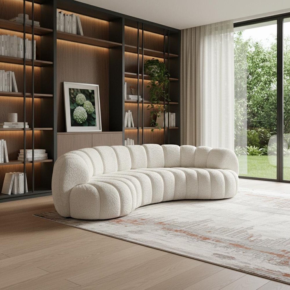 118" White Chenille Curved Tufted Sectional