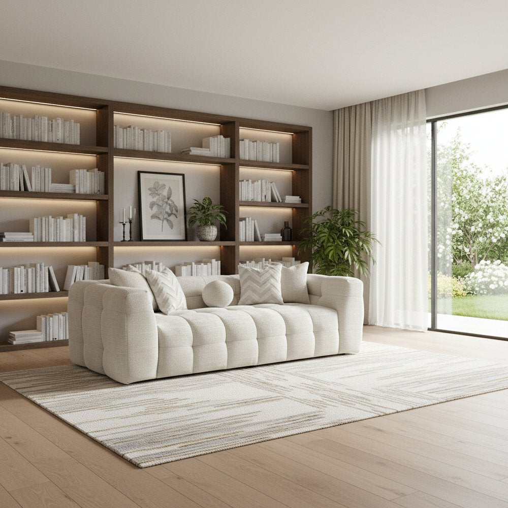 91" Ivory Blind Tufted Chenille Sofa with Toss Pillows