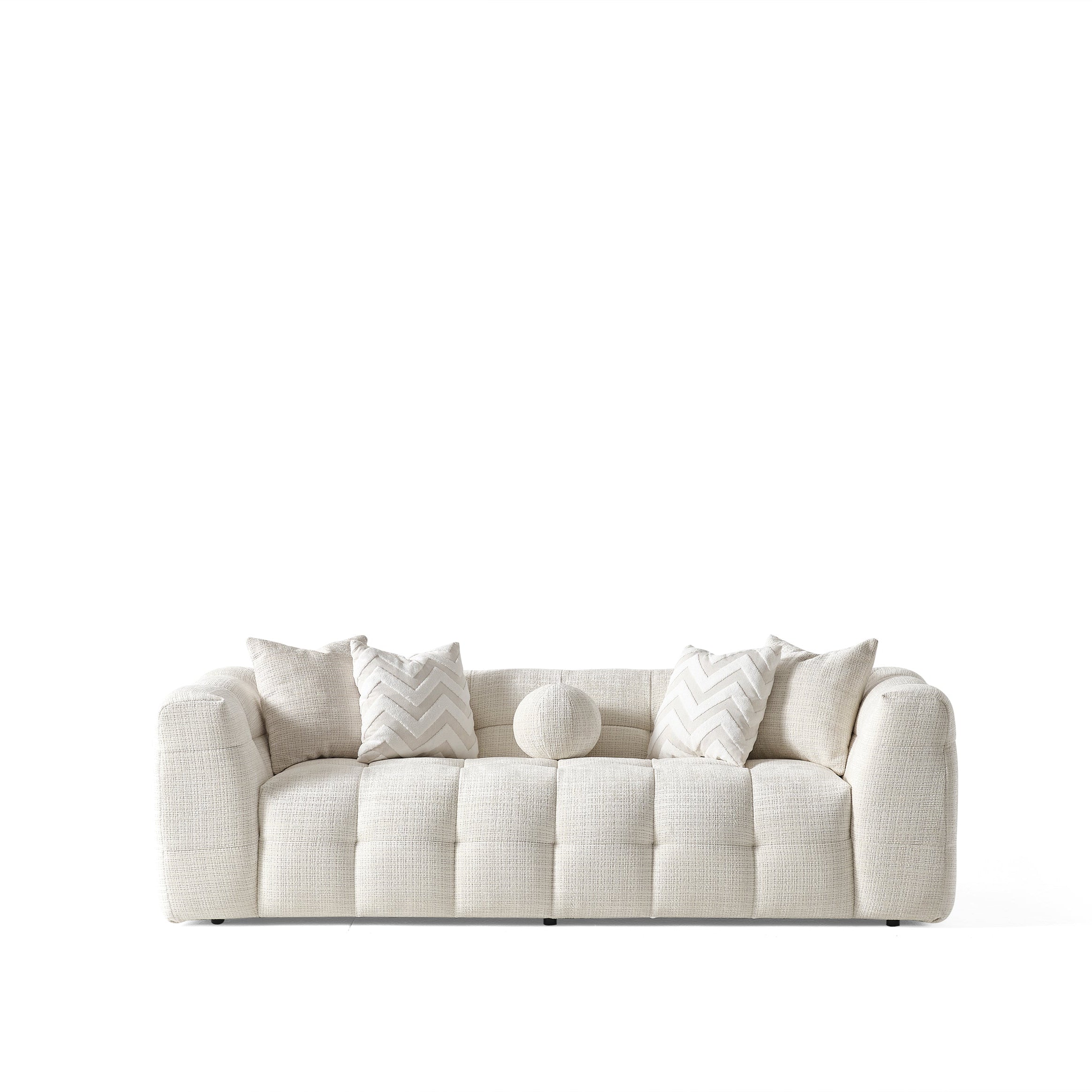 91" Beige Blind Tufted Chenille Sofa with Toss Pillows