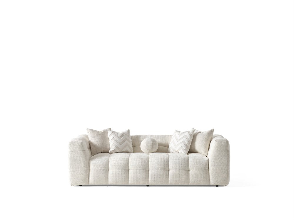 91" Ivory Blind Tufted Chenille Sofa with Toss Pillows