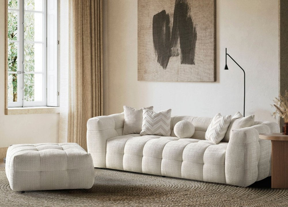 91" Ivory Blind Tufted Chenille Sofa with Toss Pillows