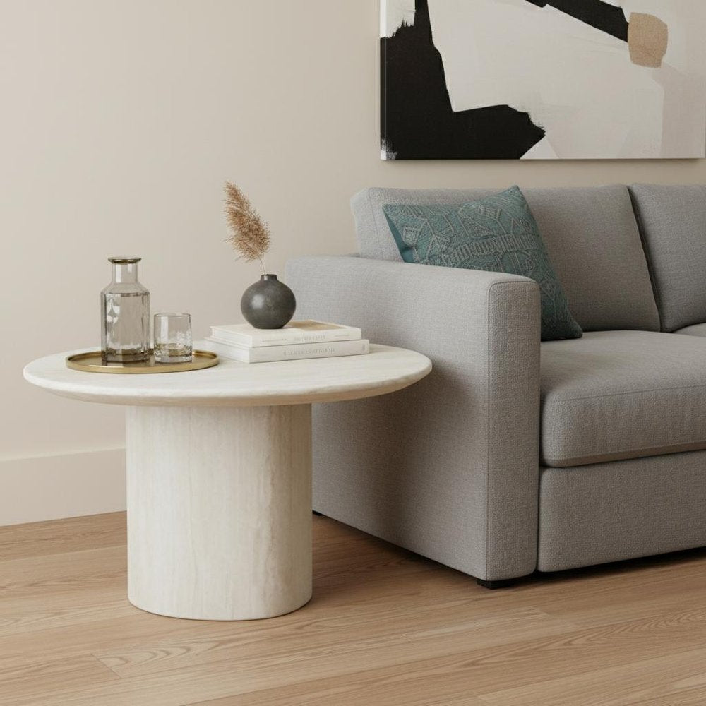 32" Beige Marble Oval Pedestal End Table