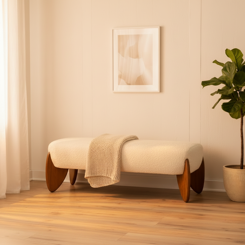 50" Ivory Bouclé Scandi Modern Bench