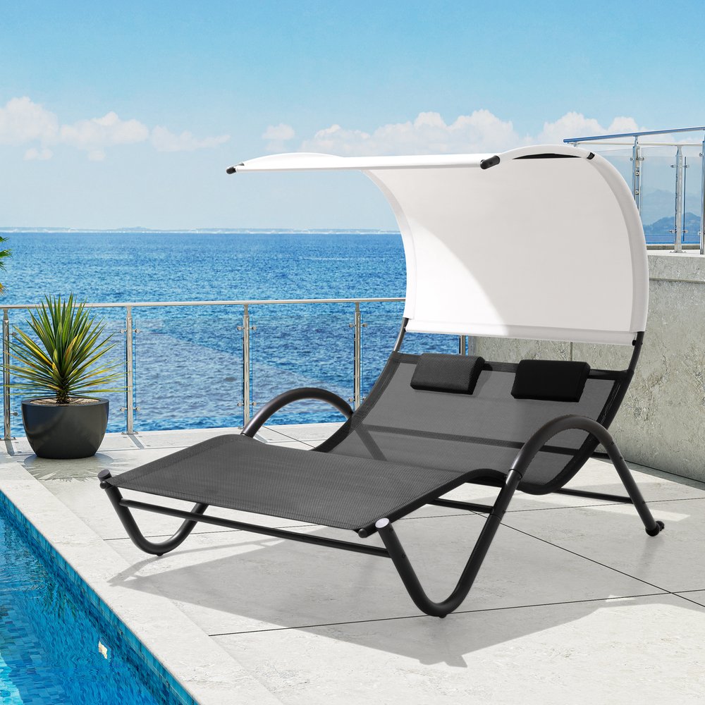 73" Black Outdoor Sling Chaise Lounge with Canopy