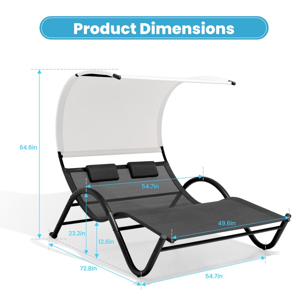 73" Black Outdoor Sling Chaise Lounge with Canopy