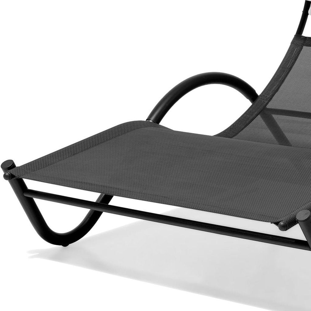 73" Black Outdoor Sling Chaise Lounge with Canopy