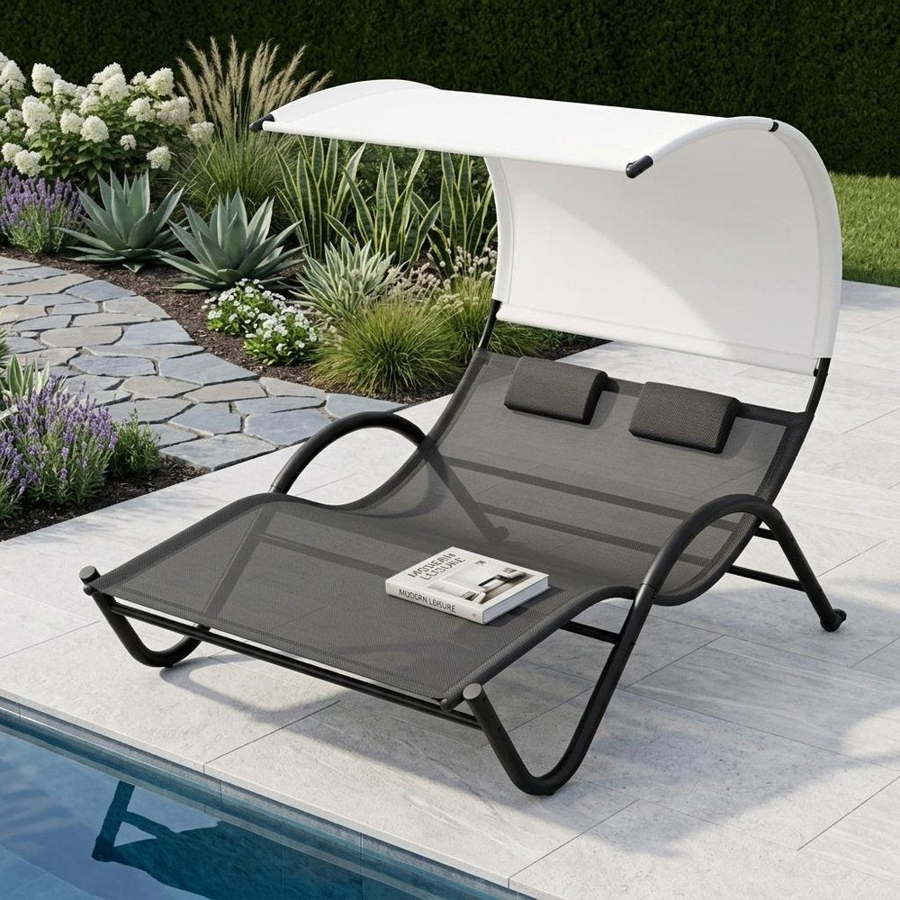 73" Black Outdoor Sling Chaise Lounge with Canopy