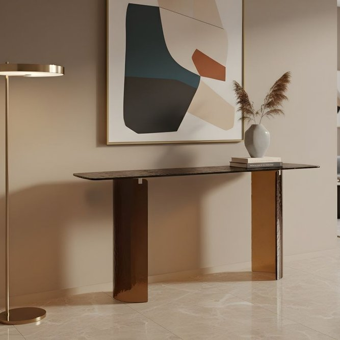 63" Bronze Glass Double Pedestal Console Table