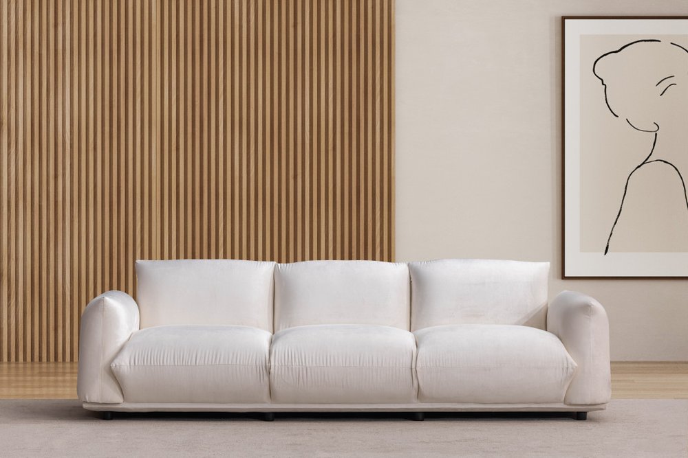 98" White Velvet Pillow Sofa