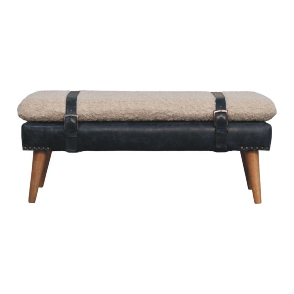 35" Bouclé and Leather Wood Upholstered Bench