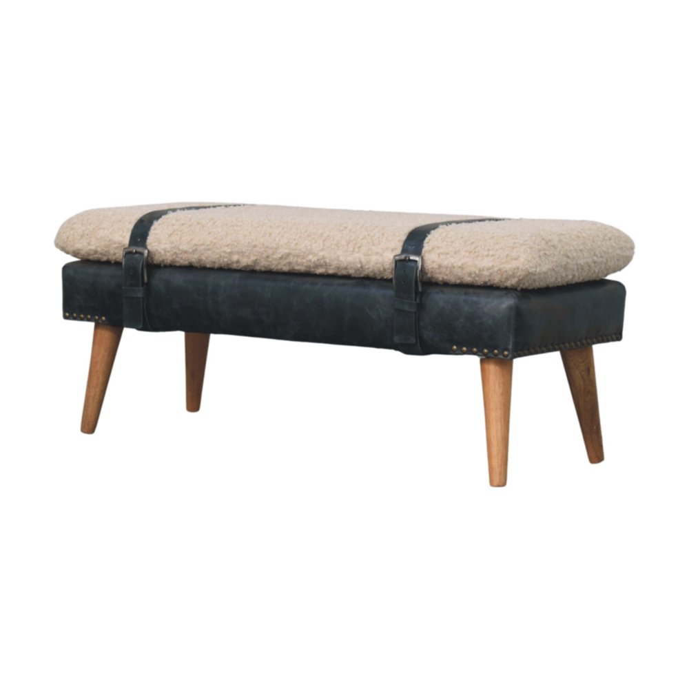 35" Bouclé and Leather Wood Upholstered Bench