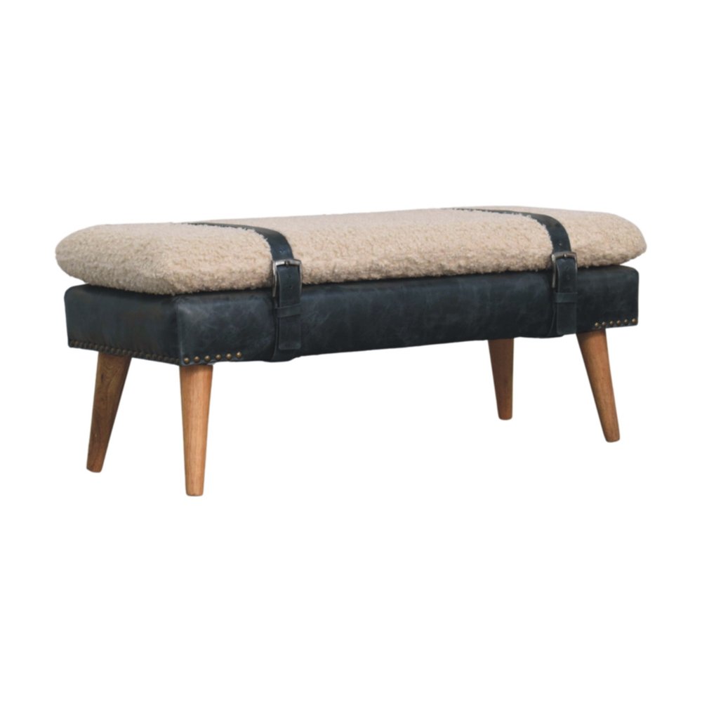 35" Bouclé and Leather Wood Upholstered Bench