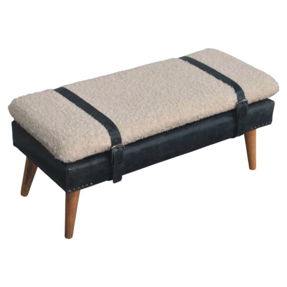 35" Bouclé and Leather Wood Upholstered Bench