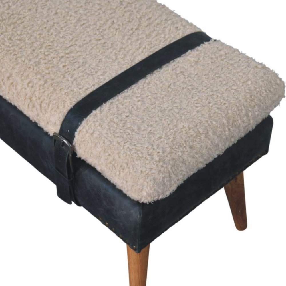 35" Bouclé and Leather Wood Upholstered Bench