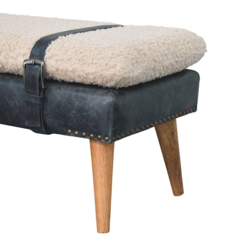 35" Bouclé and Leather Wood Upholstered Bench