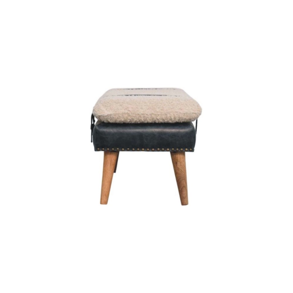 35" Bouclé and Leather Wood Upholstered Bench