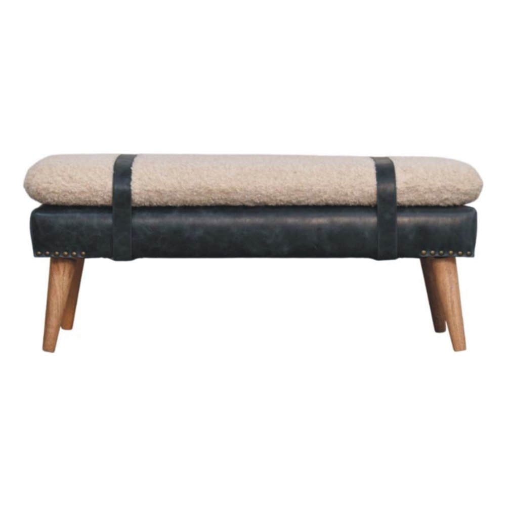 35" Bouclé and Leather Wood Upholstered Bench