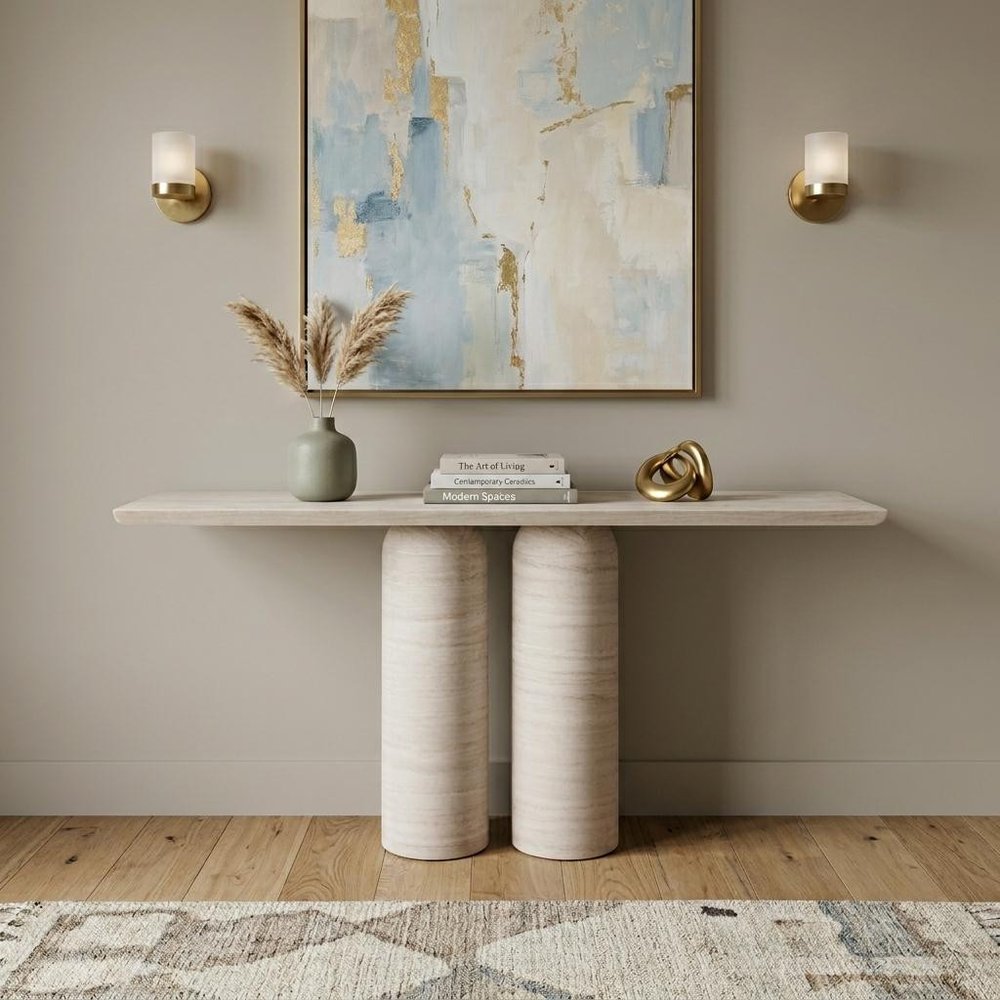 60" Beige Marble Center Pedestals Console Table