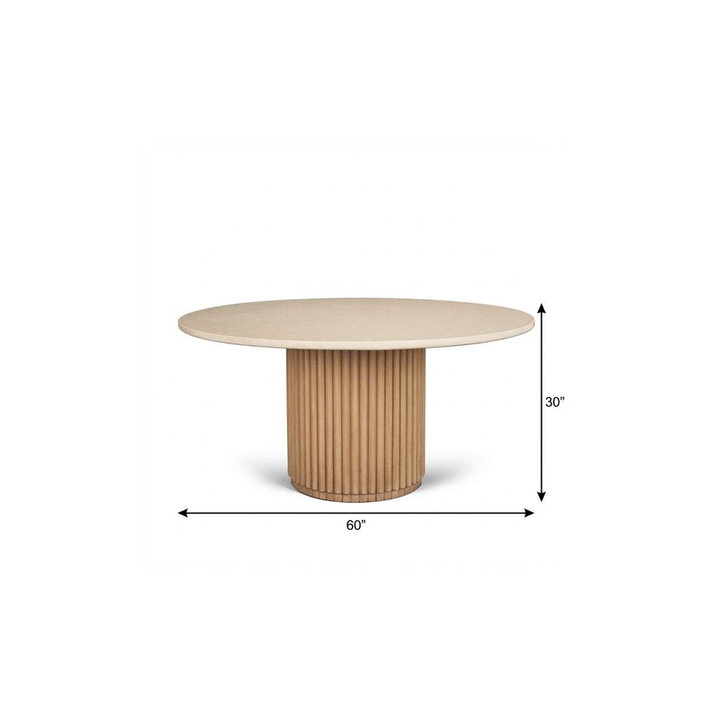 60" Fluted Wood and Marble Pedestal Dining Table