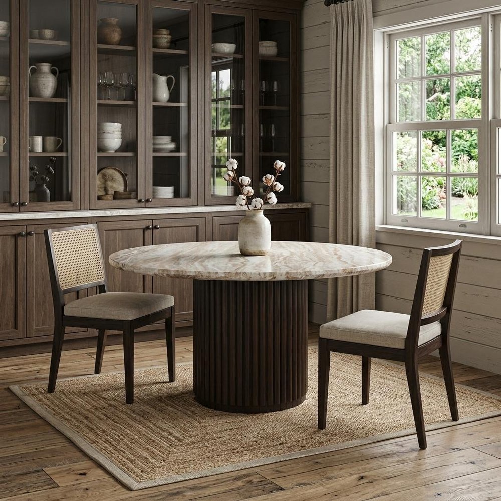 60" Fluted Wood and Marble Pedestal Dining Table