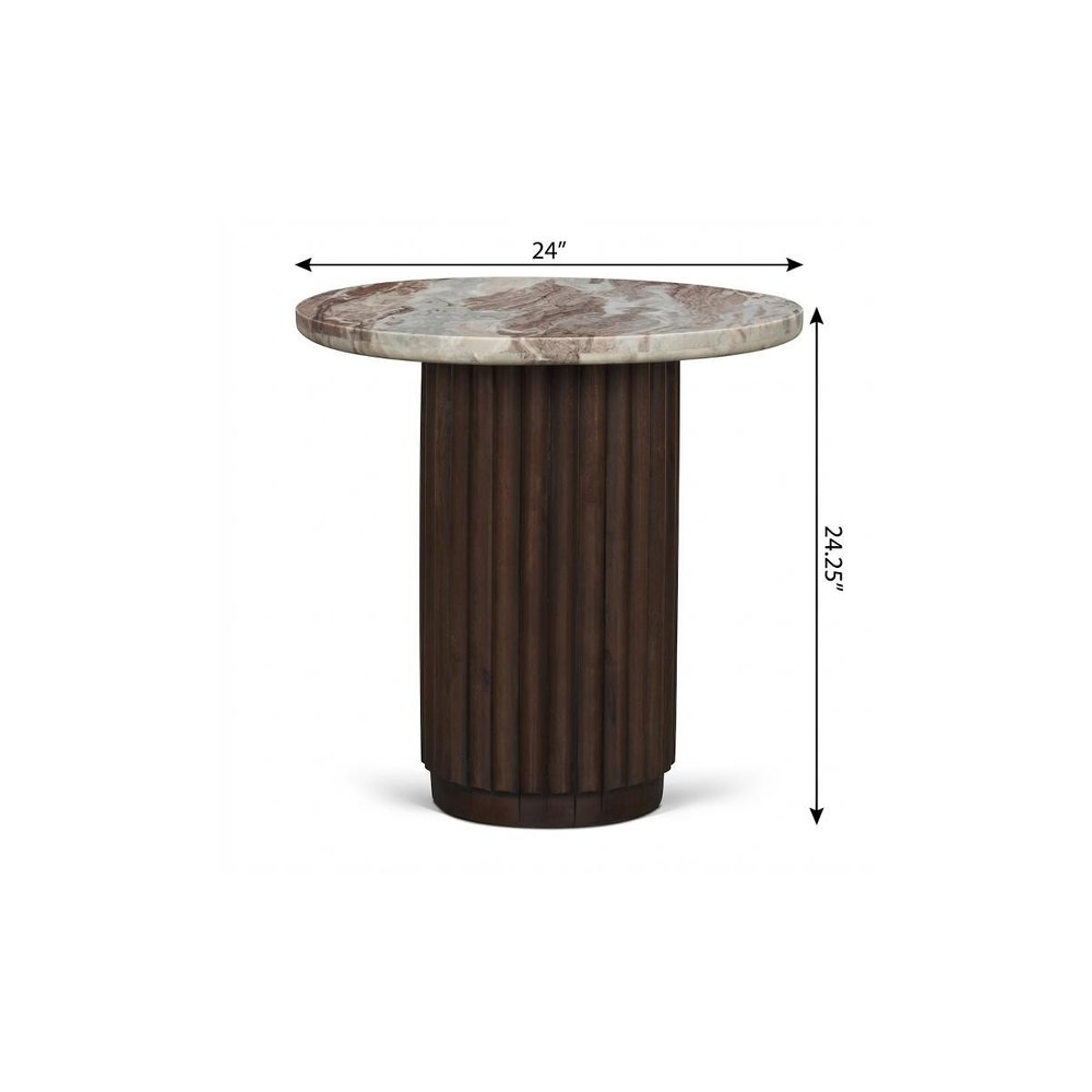 24" Pink and Espresso Marble Wood Fluted Pedestal Table