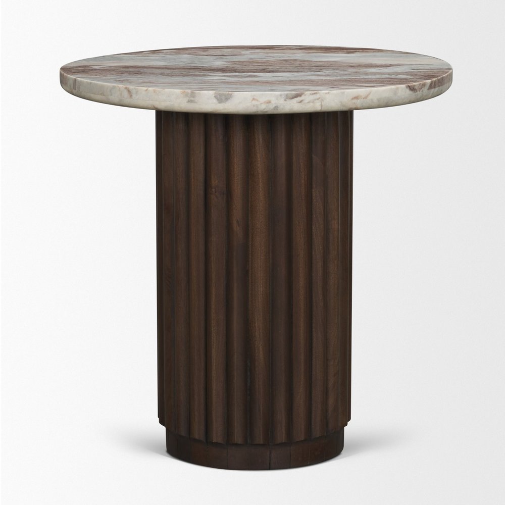 24" Pink and Espresso Marble Wood Fluted Pedestal Table