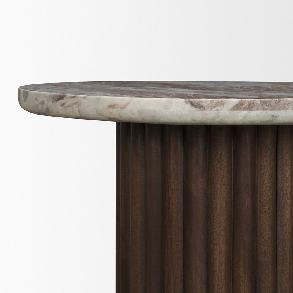 24" Pink and Espresso Marble Wood Fluted Pedestal Table