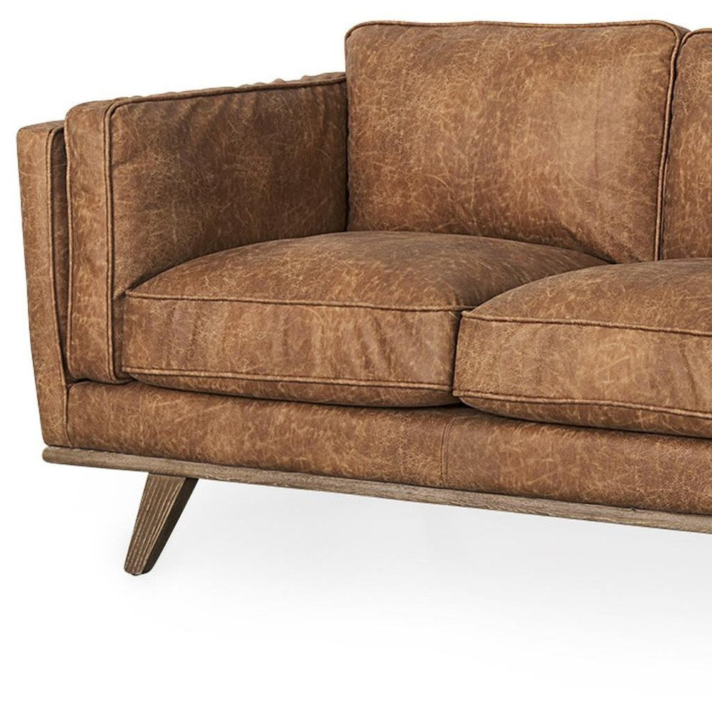 90" Brown Faux Leather Mid-Century Sofa